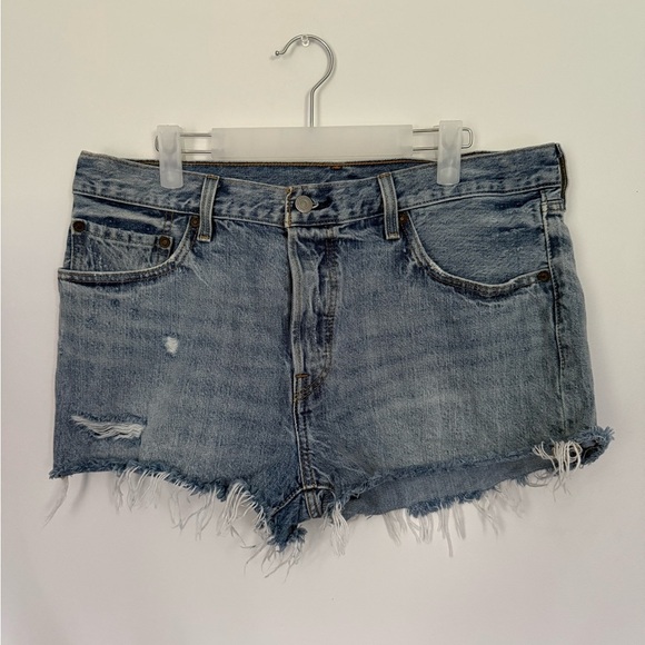 Levis Shorts Womens 32 Blue Button Fly 501 Distressed Cutoff High Rise Jean - Picture 1 of 9